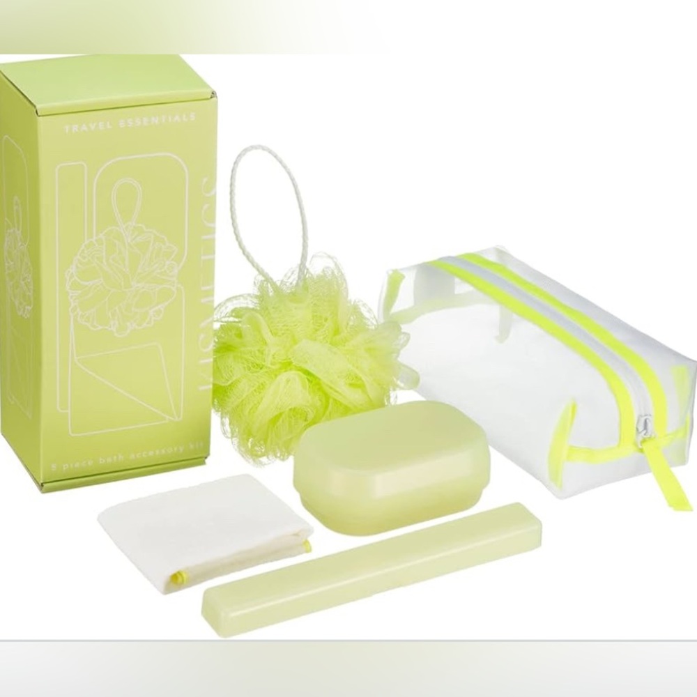 NIB Travel Essentials 5 Piece Bath Accessory Kit, with Toiletry Bag, (Lime)